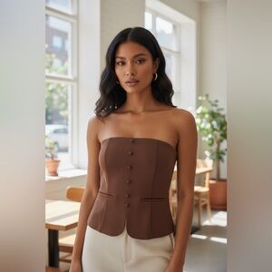 Emerson Lang Chocolate Brown Strapless Button Accent Top Casual Size Small